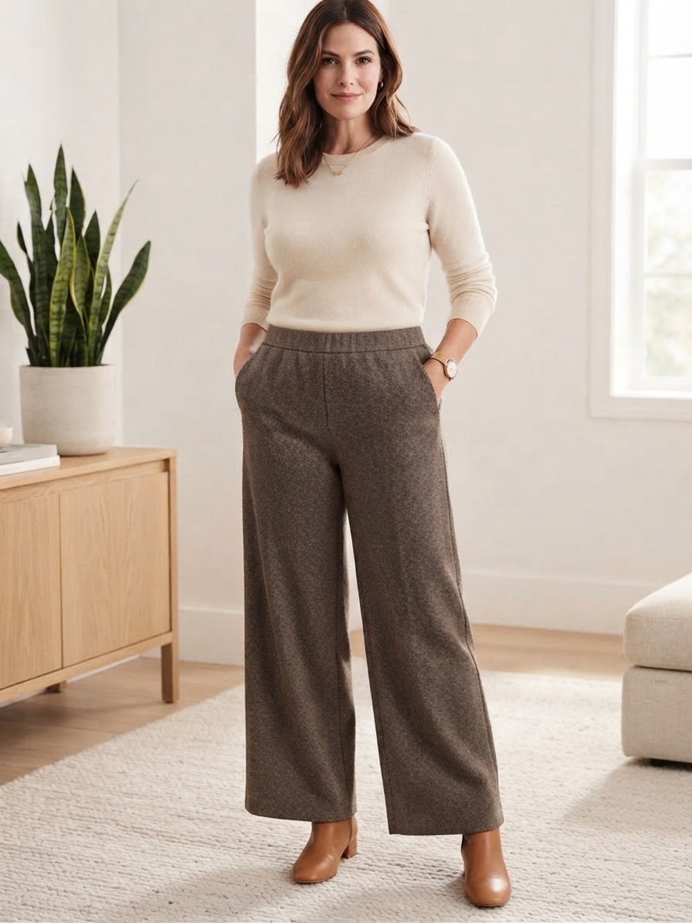 Max Studio Wide-Leg Pull-On Pants in Brown Herringbone Knit